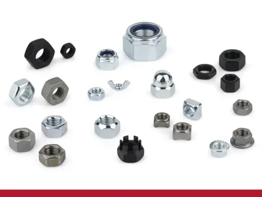 Variedad de tipos de tuercas: hexagonales, mariposa, ciegas y dentadas, en diferentes materiales y tamaños.