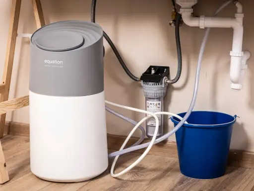 Instalación de descalcificador Equation bajo el fregadero, con filtro y cubo azul para recoger agua.