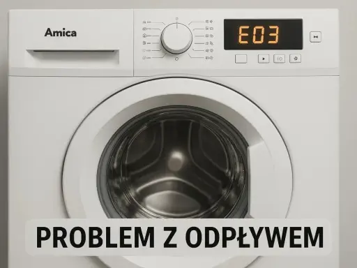 Pralka Amica z wyświetlonym błędem E03, wskazującym na problem z odpływem.