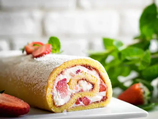 Delizioso rotolo panna e fragole, spolverato di zucchero a velo, con fragole fresche e menta sullo sfondo.