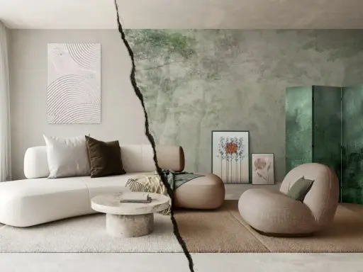 Modernt vardagsrum med en vit soffa och ett runt soffbord, kontrasterat av en vägg med skogstryck och en grön vikskärm. En hyllning till svenska designklassiker.