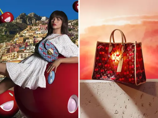 Zendaya poses with a Louis Vuitton cherry-themed bag, while another Louis Vuitton bag with the same motif glows against a sunset.