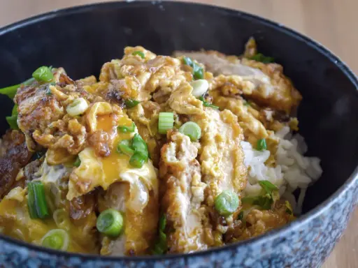 Oishi! Ein dampfendes Schüsselchen mit Reis, bedeckt mit knusprigem Hähnchen, Ei und Frühlingszwiebeln – ein Klassiker der japanischen Rezepte.