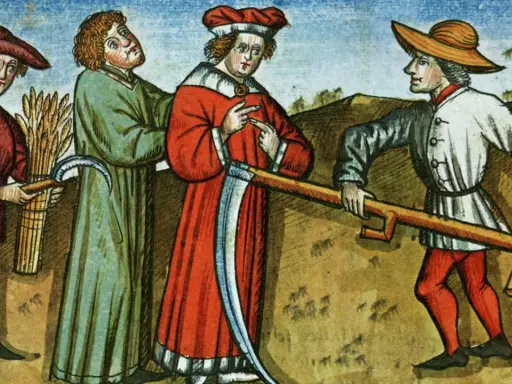 Mittelalterliche Berufe: Bauern bei der Ernte mit Sicheln und einem Mann, der mit einem Werkzeug den Boden bearbeitet.
