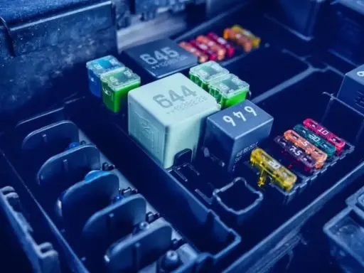 Caja de fusibles de coche con varios fusibles de colores y relés. Si necesitas cambiar fusible coche, aquí verás cómo hacerlo.
