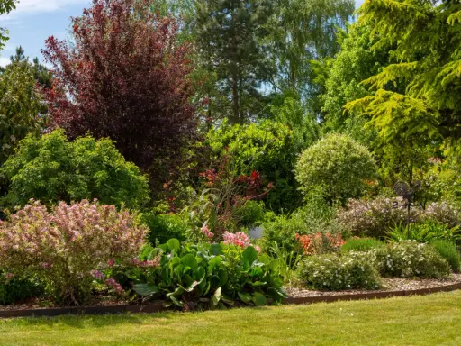 Un magnifique jardin printanier avec un arbre en fleur en ce moment, des arbustes aux teintes rouges et vertes, et des parterres de fleurs roses et blanches.