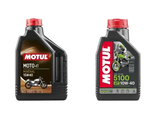 Huiles Motul : 15W40 minérale vs 10W-40 Technosynthese. La différence entre 10w40 et 15w40 est visible sur ces deux bidons.