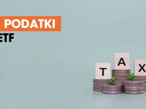 Jak obliczyć podatek dochodowy od ETF? Na grafice napisy "PODATKI ETF" i "TAX" na monetach.