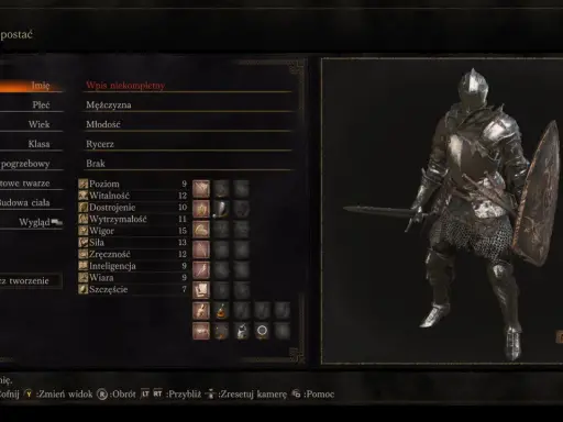 Tworzenie postaci w Dark Souls: Rycerz, męska postać z podstawowymi statystykami. Poradnik dla początkujących.