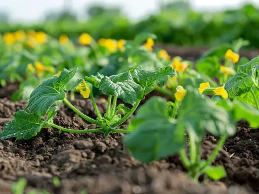 Jeunes plants de courgettes en pleine terre, avec leurs premières fleurs jaunes épanouies. La plantation courgette promet une belle récolte.