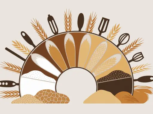Illustration d'une roue de la vie culinaire, montrant différentes variétés de farine de froment, dont la farine de froment gluten, et des ustensiles de cuisine.
