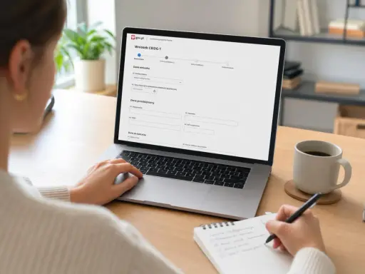 Kobieta wypełnia wniosek CEIDG-1 na laptopie, przygotowując się do prowadzenia działalności gospodarczej.