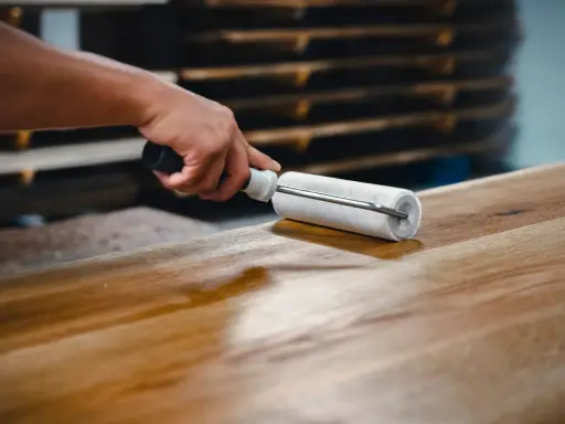 Main d'artisan appliquant une couche de vernis sur une table en bois avec un rouleau, pour la protéger et la sublimer.