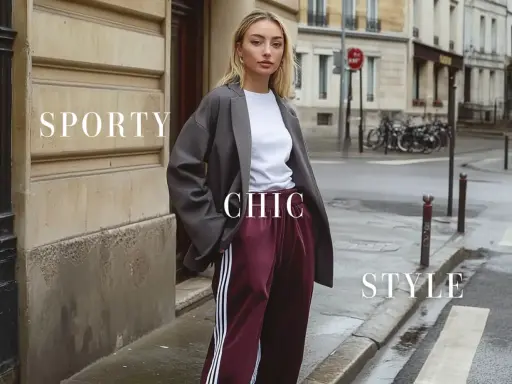 Modella con blazer oversize e pantaloni sportivi bordeaux, un perfetto esempio di stile sportivo chic in città.