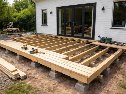 Pågår arbete med att bygga trall. Träbjälkar ligger på betongplintar framför ett vitt hus med stora glasdörrar. Verktyg och brädor ligger utspridda.