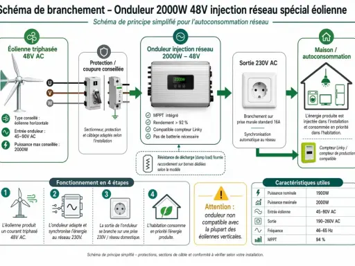 Schéma de branchement d'une éolienne domestique 48V AC vers un onduleur 2000W, puis vers le réseau 230V pour l'autoconsommation.