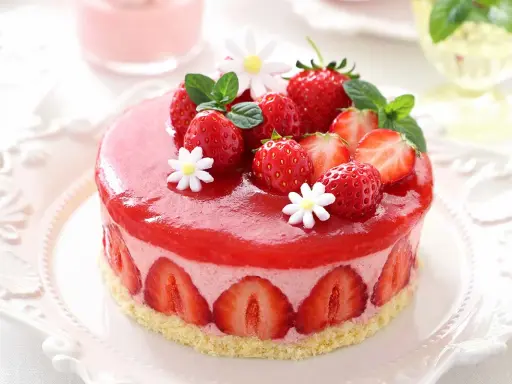 Deliziosa bavarese alle fragole, decorata con fragole fresche, menta e fiorellini bianchi, su una base croccante.