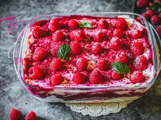 Ein köstliches Tiramisu mit frischen Himbeeren und Minze, das zeigt, wie man Tiramisu dekorativ anrichten kann.
