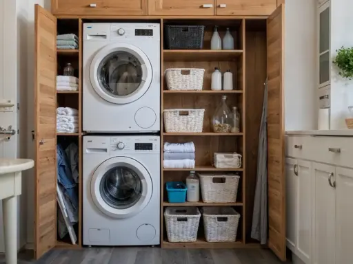 Solución para organizar lavadero muy pequeño: lavadora y secadora apiladas, estantes con toallas, cestas y productos de limpieza.