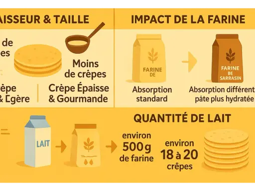 Infographie expliquant quelle farine pour les crêpes. Elle montre l'impact de la farine sur la texture et la quantité de lait nécessaire.