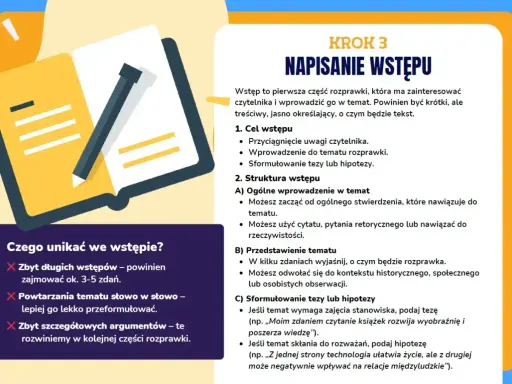 Ilustracja pokazuje otwartą książkę z ołówkiem, symbolizującą pisanie. Tekst omawia pisanie wstępu do rozprawki, kluczowego elementu do przedstawienia argumentów za i przeciw.