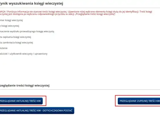 Wynik wyszukiwania księgi wieczystej: numer księgi wieczystej, typ, oznaczenie wydziału, daty, położenie, właściciel. Dostępne opcje przeglądania treści KW.