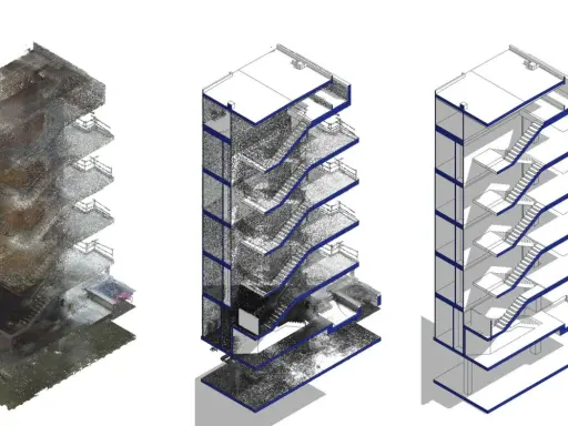 Tres vistas isométricas de un edificio: escaneo 3D detallado, corte con puntos de escaneo y corte simplificado. Útil para planos as-built normativa.