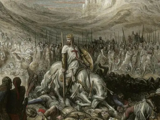 Ein Ritter auf einem weißen Pferd, umgeben von Pfeilen und gefallenen Kriegern. Seine Rüstung ist schlicht, was die spartanische Bedeutung von Einfachheit und Härte unterstreicht.