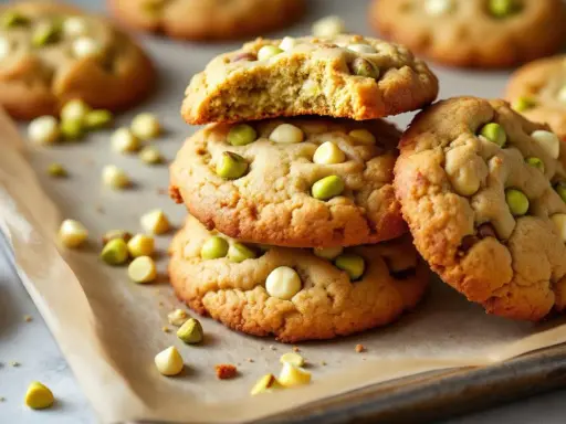 Pile de cookies pistache chocolat blanc, parsemés sur du papier cuisson. Un délice croustillant et gourmand.