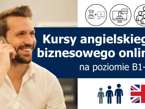 Uśmiechnięty mężczyzna rozmawia przez telefon. Obok napis "Kursy angielskiego biznesowego online" i ikony symbolizujące naukę.