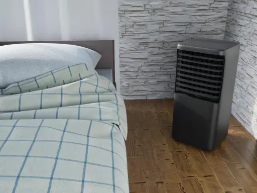 Un aire acondicionado portátil junto a una cama con sábanas a cuadros. ¿Qué es mejor, aire acondicionado portátil o fijo?