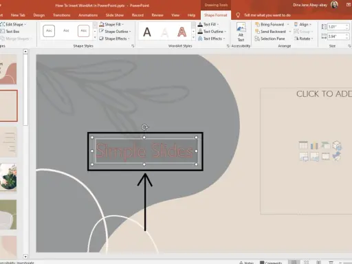Cosa sono le WordArt? Un esempio di testo stilizzato in PowerPoint, con opzioni di formattazione visibili.