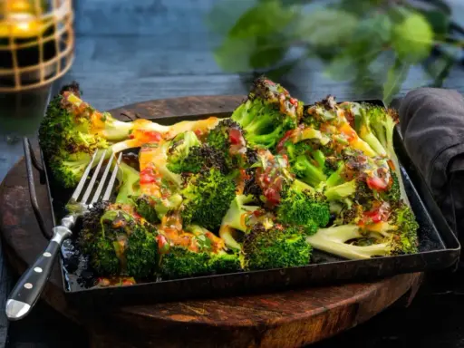 Ugnsrostad broccoli med en härlig dressing. Perfekt som tillbehör eller en lätt måltid.