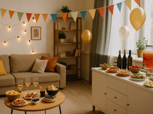 Décoration festive pour une pendaison de crémaillère : guirlandes, ballons, buffet garni. L'origine de cette tradition est de célébrer un nouveau foyer.