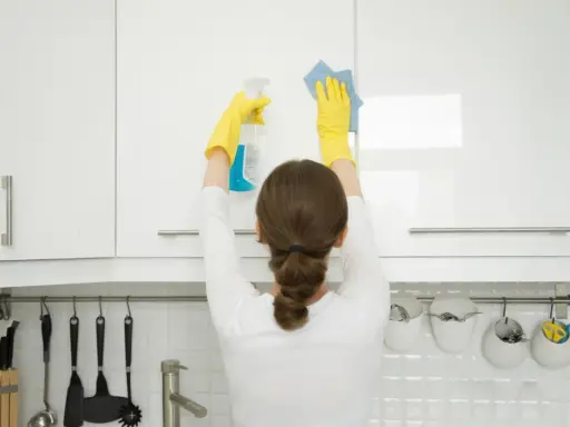 Mujer con guantes amarillos realiza limpieza armarios cocina, rociando y limpiando con paño azul.