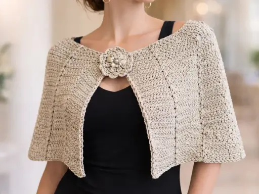Mujer con un elegante **patrón capa** de ganchillo color beige, adornada con un broche floral.