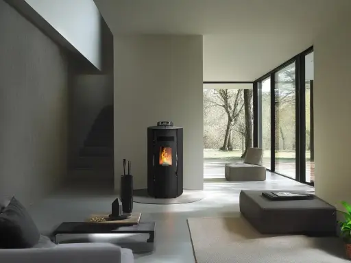 Poêle à pellet moderne dans un salon épuré. La question "peut-on laisser un poêle à pellet la nuit" est pertinente pour ce type de chauffage.