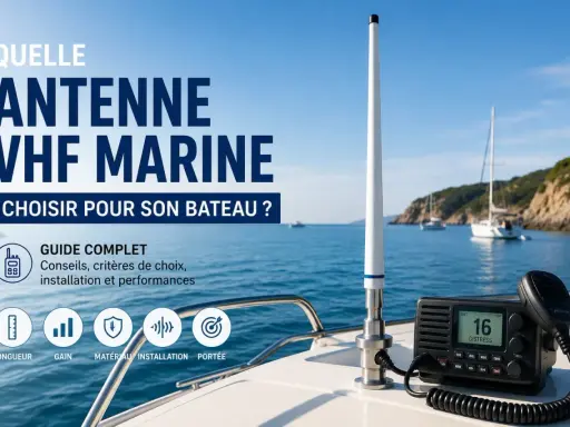Guide complet pour choisir la meilleure antenne VHF marine pour votre bateau. Antenne, radio et icônes de conseils sur fond de mer bleue.