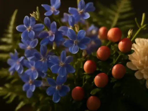 Blå lobelia frostblommor med röda bär och en krämvit blomma.