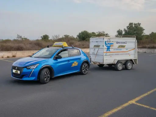 Coche azul de autoescuela con remolque, preparándose para el examen del carnet B96.