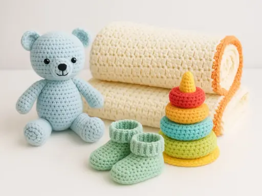 Osito azul de crochet, mantita, patucos y torre de aros de colores. Un set perfecto de crochet bebe.