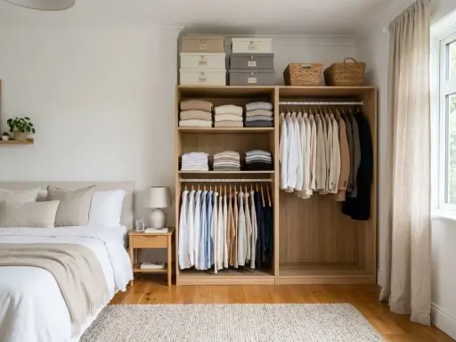 Chambre épurée avec lit douillet et dressing organisé. La **taille chambre** est optimisée par des rangements astucieux.