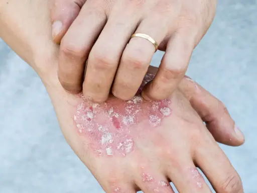 Main d'une personne se grattant des plaques rouges et squameuses, possiblement liées au psoriasis en goutte.