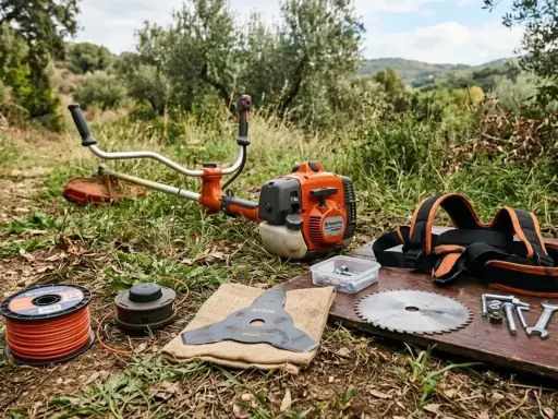 Desbrozadora con varios tipos de discos para maleza, hilo y arnés. Herramientas para el jardín.