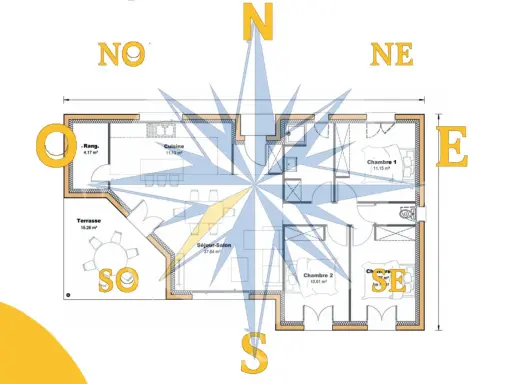 Plan de maison avec rose des vents superposée. Idéal pour faire un plan de maison optimisé pour l'ensoleillement.