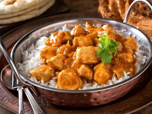 Un delicioso pollo al curry, un plato que evoca los sabores de la India, servido sobre arroz blanco en un cuenco de cobre.