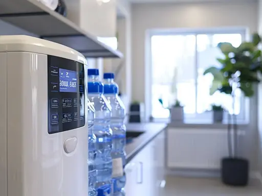 Écran d'un adoucisseur d'eau moderne, prêt pour le dimensionnement. Bouteilles d'eau en arrière-plan.