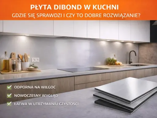 Nowoczesna kuchnia z płytą dibond jako panelem ściennym. Odporna na wilgoć, łatwa w czyszczeniu.