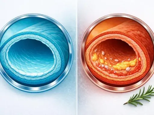 Zdrowa tętnica vs. tętnica z blaszkami miażdżycowymi. Obraz porównuje przekrój zdrowego naczynia krwionośnego z naczyniem z widocznym złogiem cholesterolu LDL.