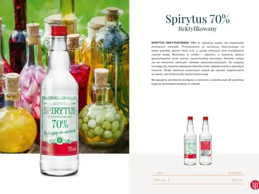 Butelka spirytusu 70% z etykietą "Najlepszy do nalewek". W tle kolorowe nalewki w butelkach. Jaki spirytus do nalewek? Ten rektyfikowany!